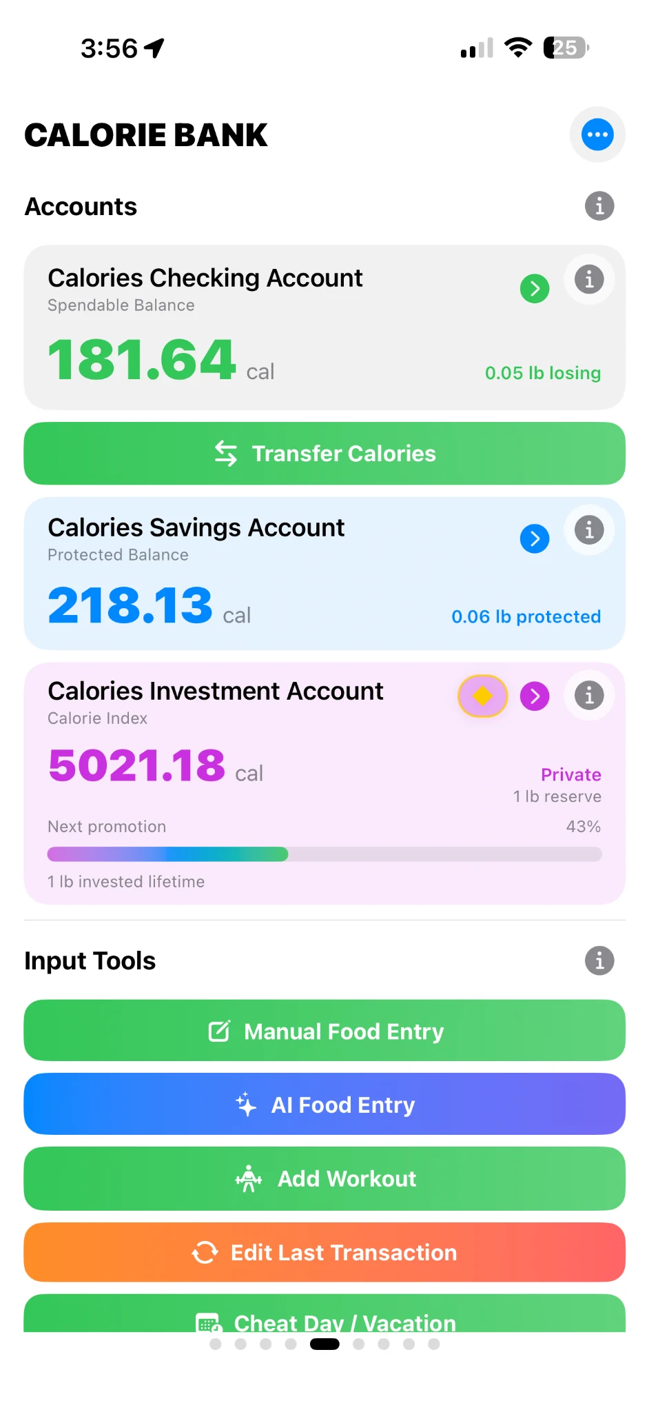 CalorieBank account screen with Checking, Savings, Investment and input tools