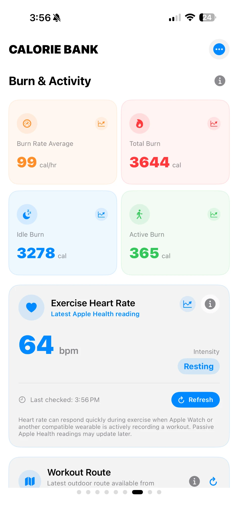 Burn and Activity screen with burn metrics, heart rate and workout route