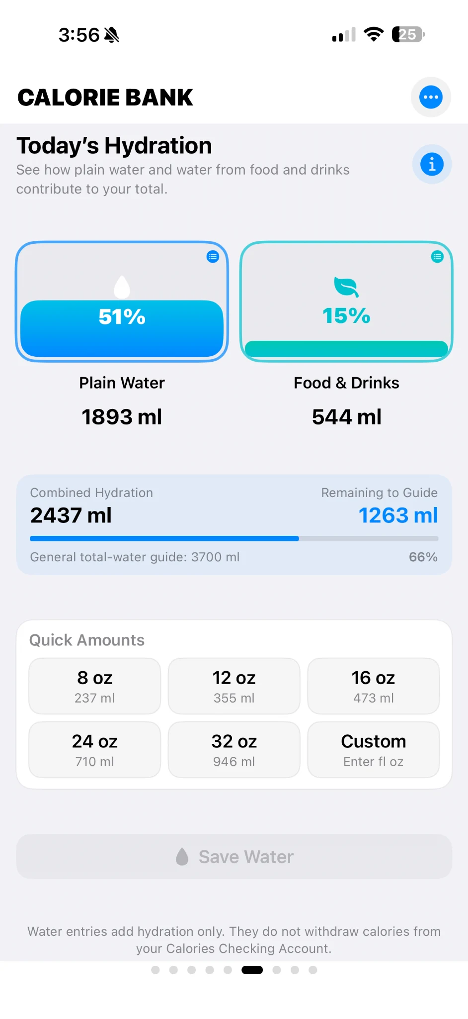 Hydration screen showing plain water and food and drink contribution