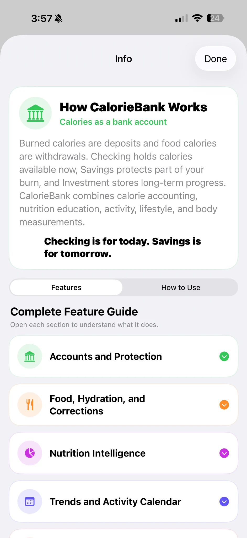 CalorieBank in-app feature guide and how-to instructions