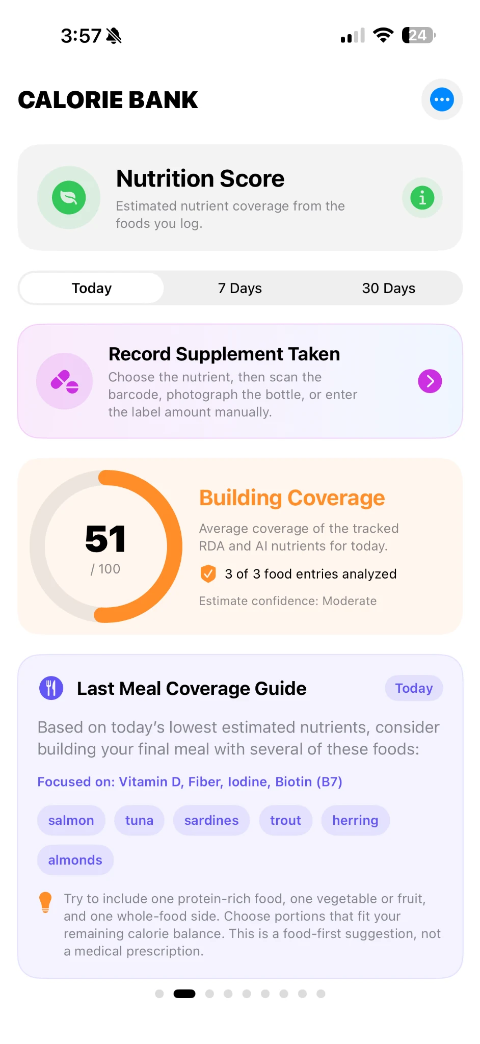 Nutrition Score with supplement recording and final meal coverage guide