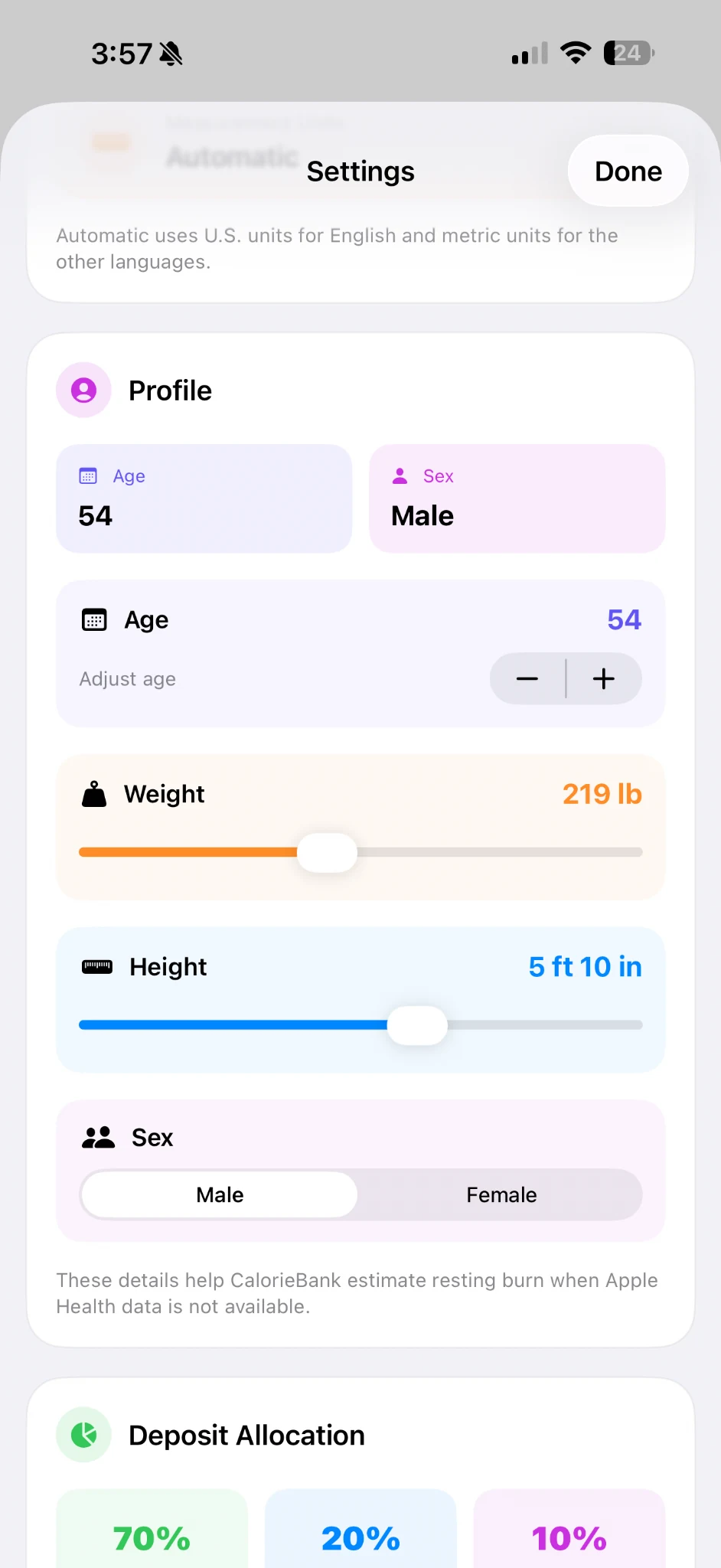CalorieBank profile and deposit allocation settings